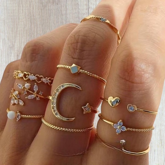 Jewelry - Flower, Moon, and Stars Boho Gold Stacking Rings - 10 Pieces